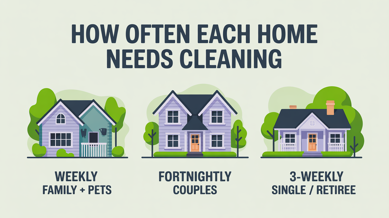 Three houses side by side, each labelled with the recommended professional cleaning frequency: weekly for family with pets, fortnightly for couples, three-weekly for single or retiree.