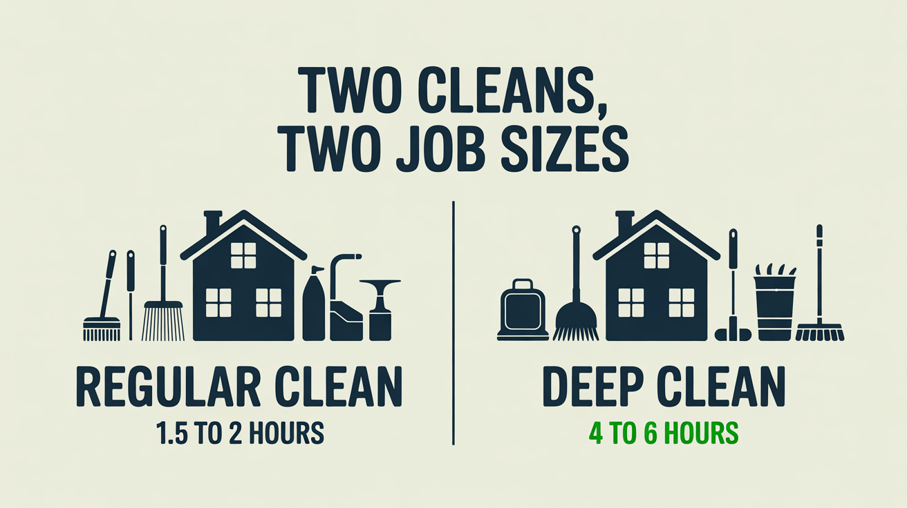 Side-by-side comparison of what a regular clean covers (3 tools, 1.5-2 hours) vs a deep clean (7 tools, 4-6 hours).