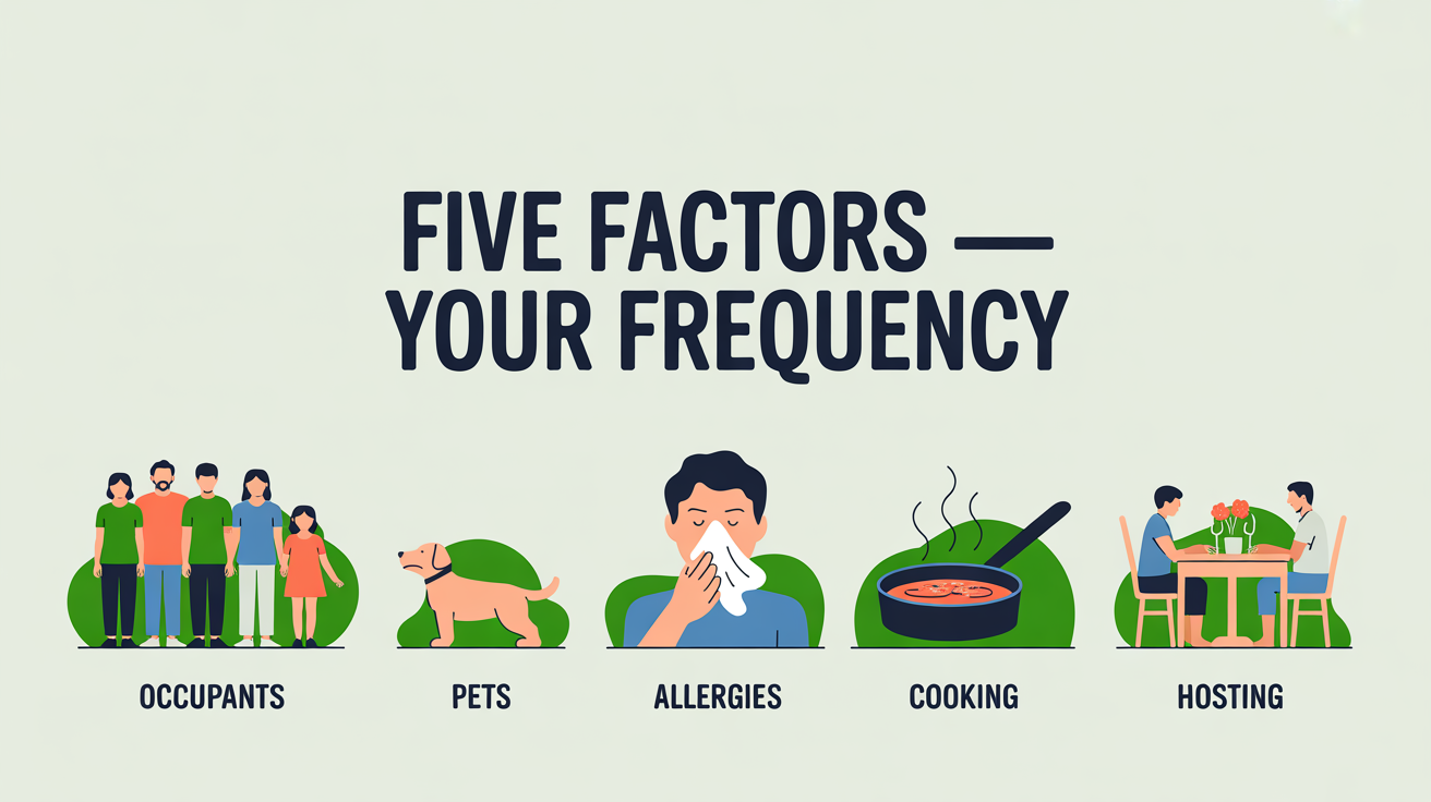 Five icons showing the five factors that decide cleaning frequency: occupants, pets, allergies, cooking, hosting.