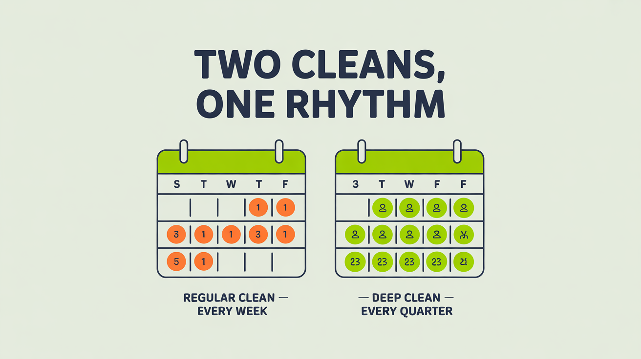 Five-row infographic showing the recommended cleaning schedule for five household types: family with kids and pets, couples with kids, couples without kids, single or retiree, allergy household.