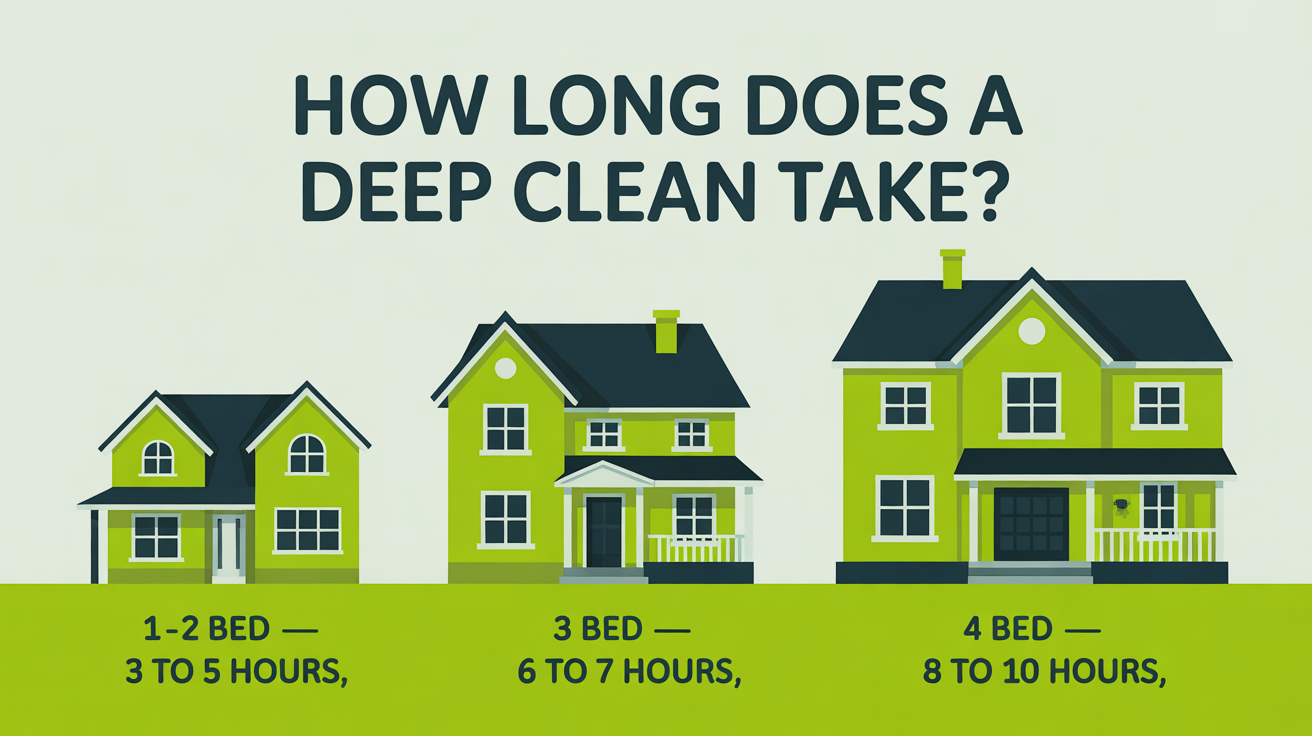 Three houses side by side, increasing in size left to right, each labelled with the deep-clean time: 1-2 bedroom 3-5 hours, 3 bedroom 6-7 hours, 4 bedroom 8-10 hours.