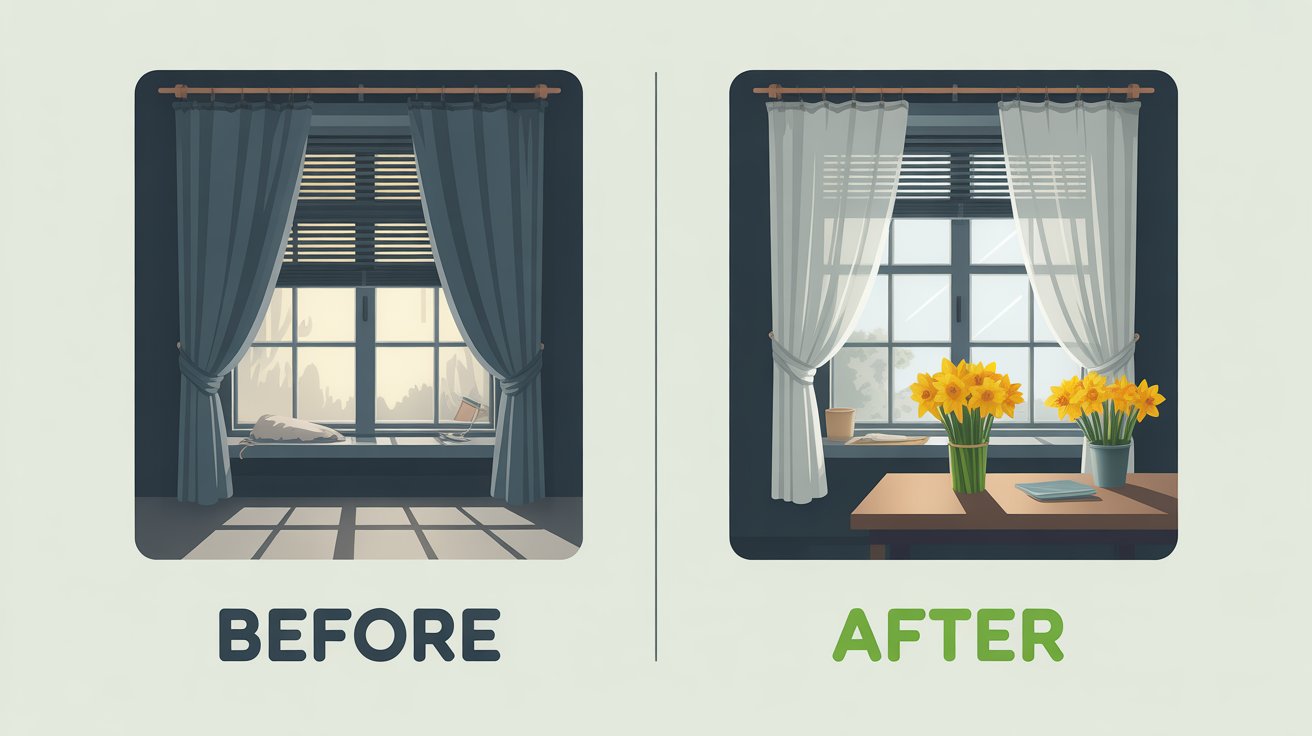 Side-by-side comparison of a home interior in winter (closed and tired) and spring (open, fresh, bright).