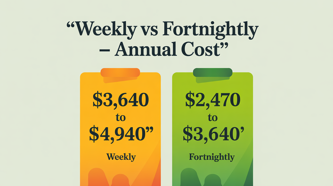 Two cost cards side by side comparing weekly cleaning ($3,640-$4,940/year) and fortnightly cleaning ($2,470-$3,640/year) for a 3-bedroom home.