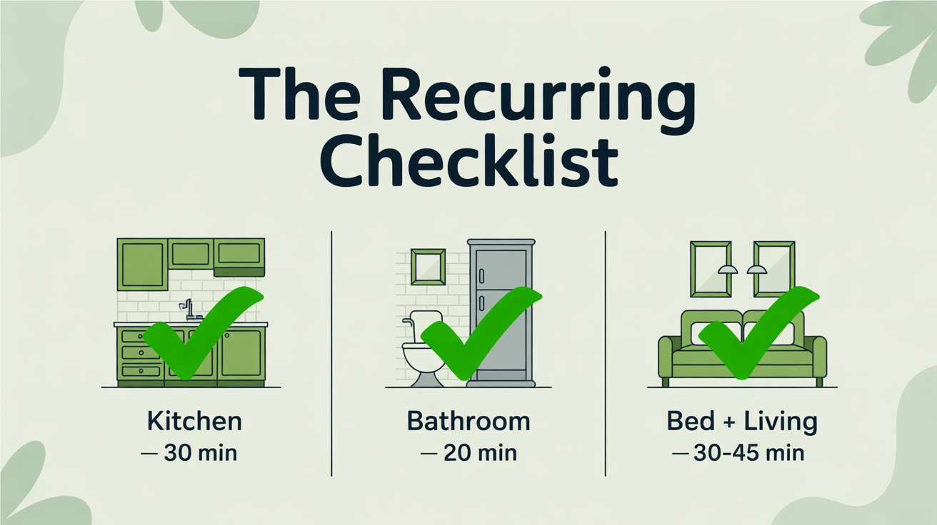 Three icons showing the three rooms covered in a recurring clean: kitchen (30 min), bathroom (20 min), bedroom and living (30-45 min).