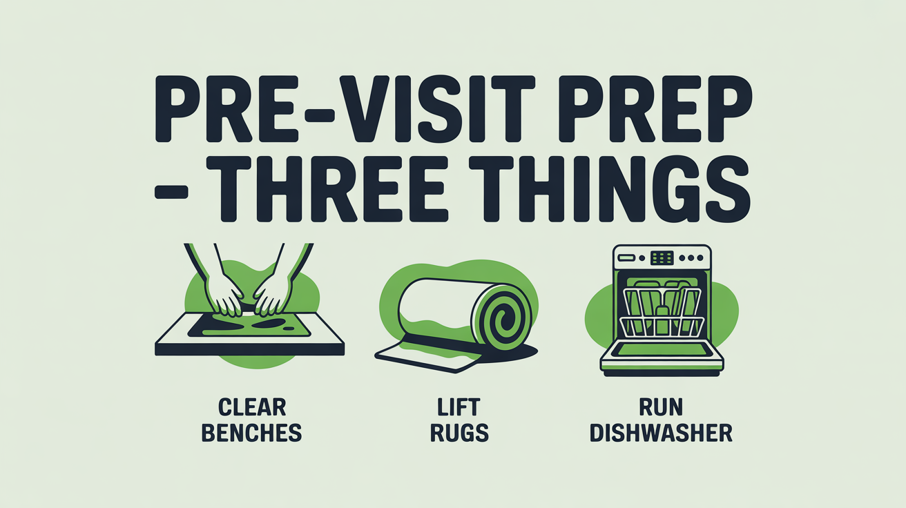 Three icons showing the three highest-leverage prep steps before your cleaner arrives: clear benches, lift rugs, run dishwasher.