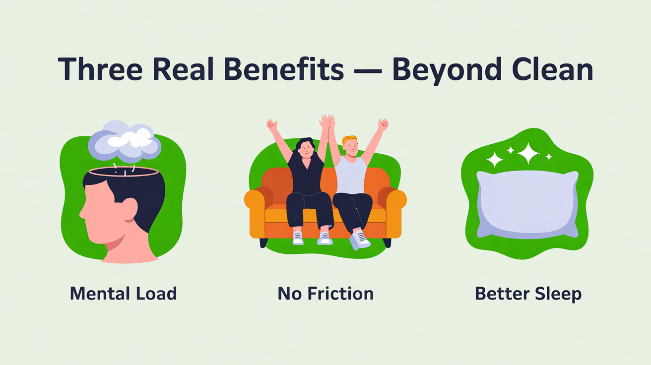 Three icons showing the less-obvious benefits of a regular cleaner: mental load relief, less household friction, better sleep.