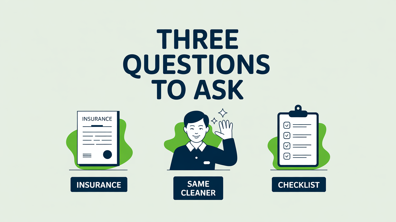 Three icons showing the three key questions to ask any cleaner before booking: insurance, same cleaner every visit, and a written checklist.