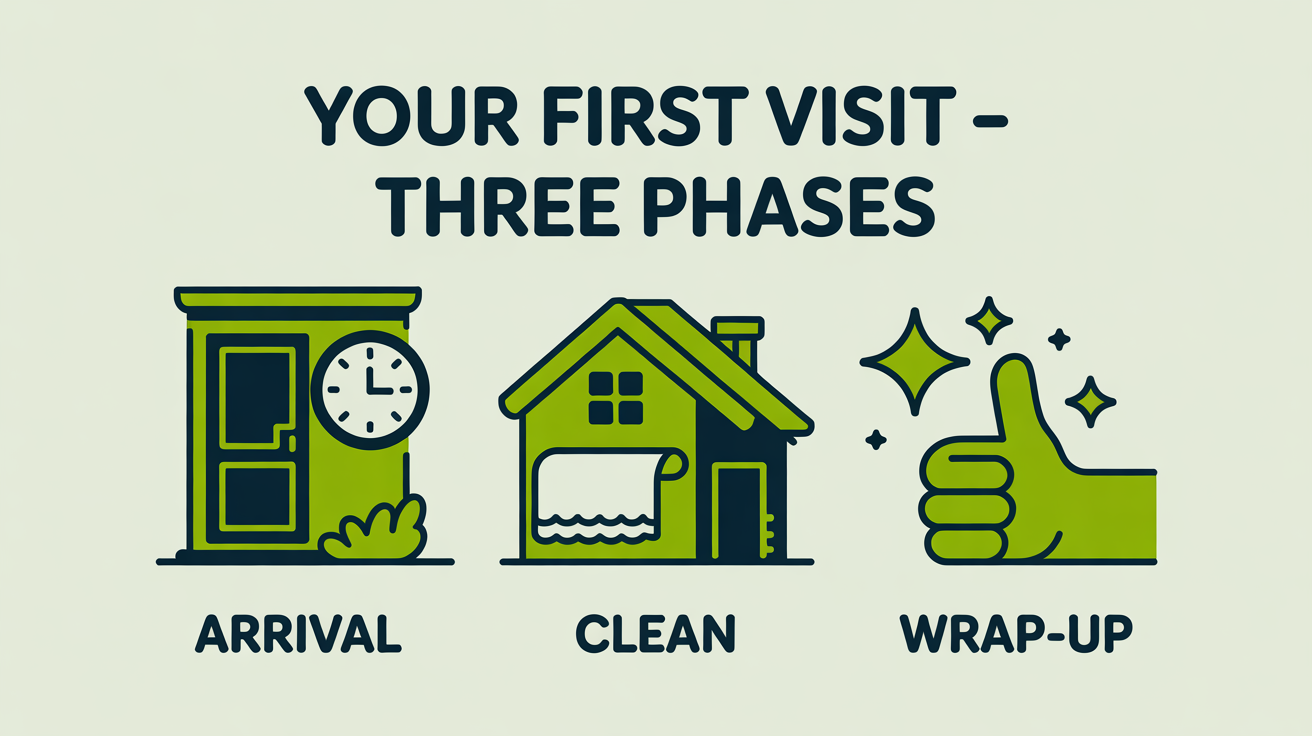 Three icons showing the three phases of a first recurring clean: arrival walkthrough, the cleaning itself, and the wrap-up walkthrough.