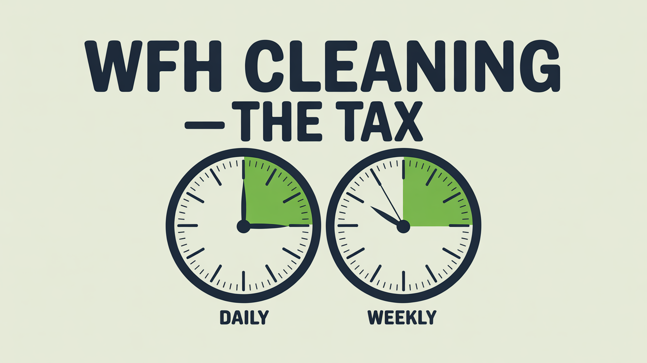 Two clock faces showing the productivity tax of cleaning yourself while working from home: 30 minutes daily, 3 hours 30 min weekly.