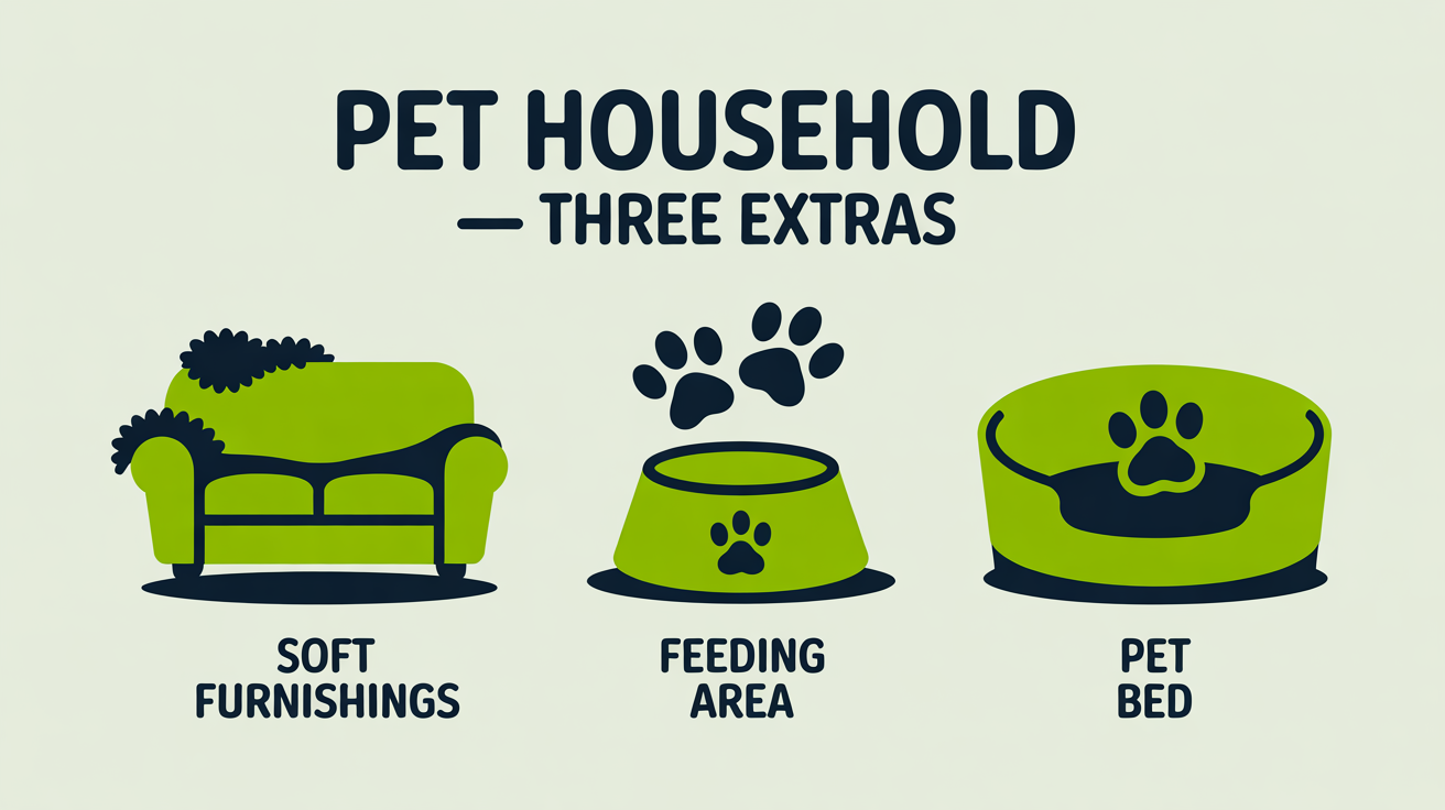 Three icons showing the three zones a pet household cleaning routine focuses on: soft furnishings, feeding area, and pet bed.