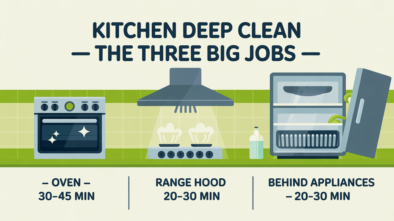Three illustrated icons of the three biggest jobs in a kitchen deep clean: oven (30-45 minutes), range hood (20-30 minutes), behind appliances (20-30 minutes).