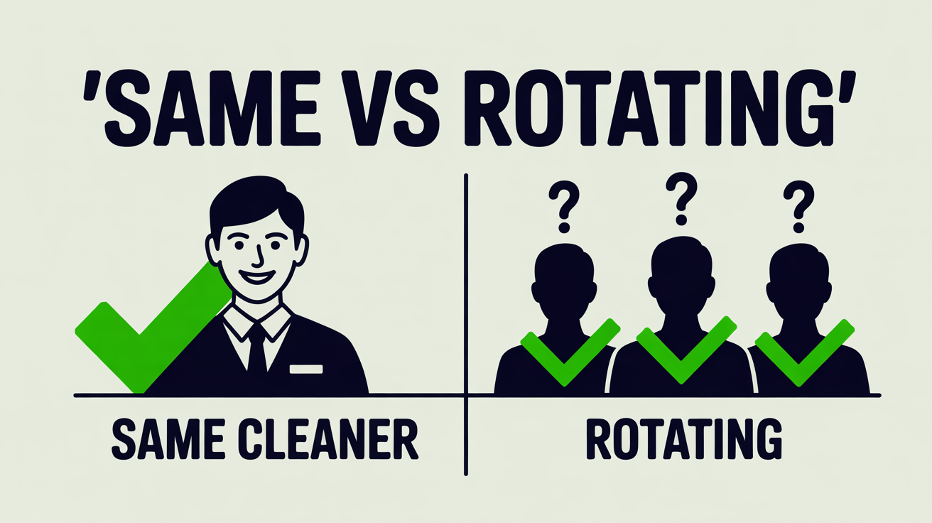 Two panels showing the difference between having the same cleaner every visit versus rotating cleaners — consistency vs uncertainty.