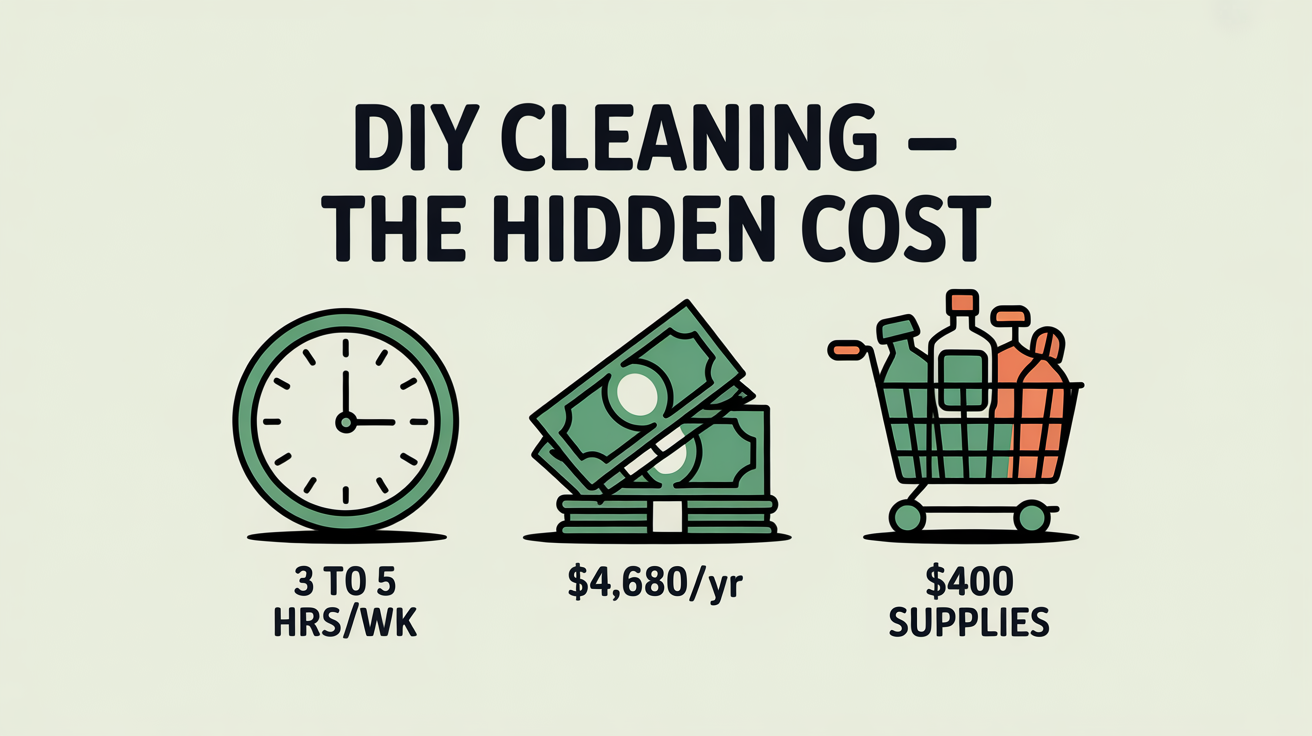 Three icons showing the hidden costs of DIY cleaning: 3-5 hours per week of time, $4,680 per year in time value, $400 in supplies per year.