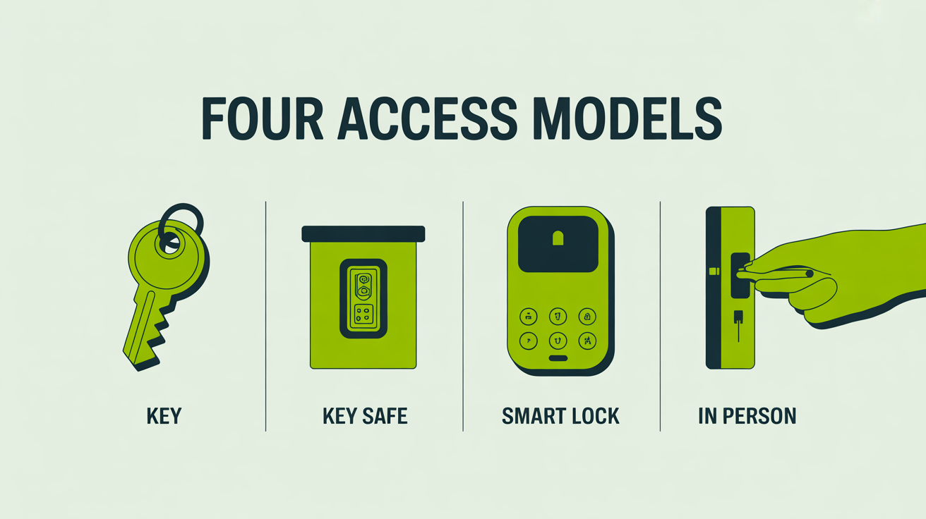 Four icons showing the four access models for recurring cleaning when you are not home: key handover, key safe, smart lock, in person.
