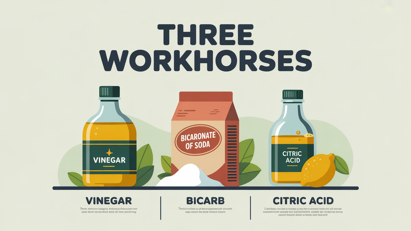 Three illustrated cleaning bottles showing the three workhorse cleaners used most in eco-friendly cleaning: vinegar, bicarbonate of soda, citric acid.