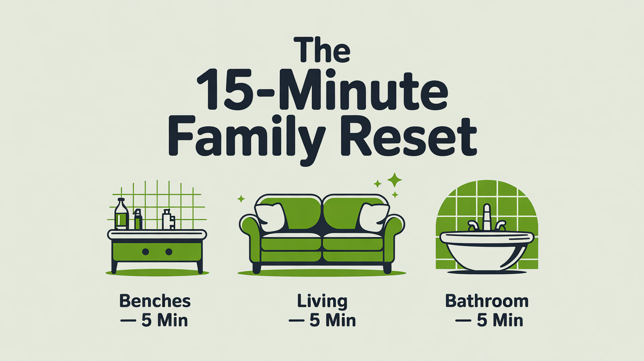 Three icons showing the three zones in a 15-minute daily family reset: benches, living room, bathroom.