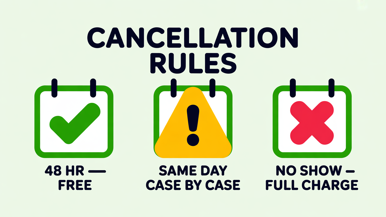 Three calendar icons showing the cancellation rules: 48 hours notice is free, same-day is case-by-case, no-show is full charge.