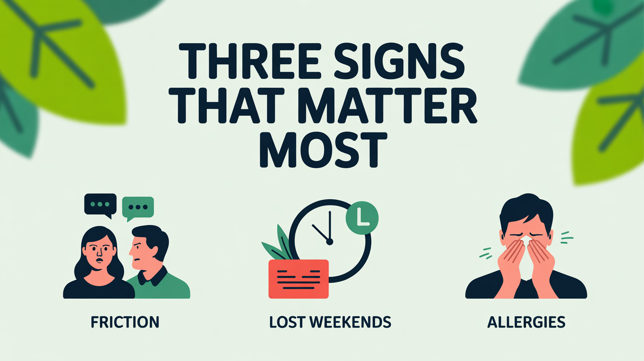 Three icons showing the three signs that most often indicate you should hire a regular cleaner: household friction, lost weekends, allergies.