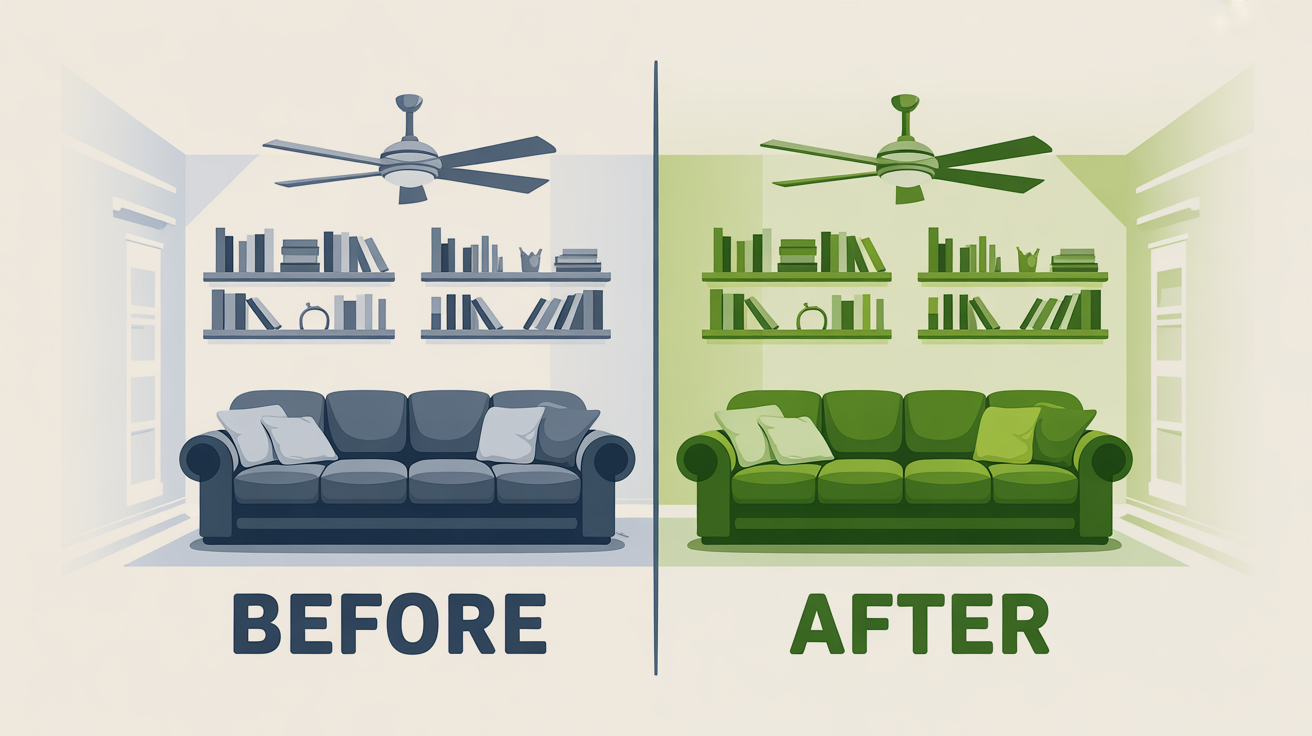Side-by-side comparison of a living room before and after a deep clean — dusty shelves and grey ceiling fan on the left, tidy and bright on the right.