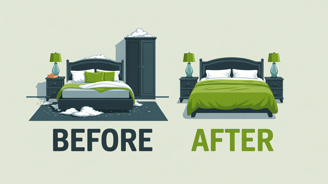 Side-by-side comparison of a bedroom before and after a deep clean — messy and dusty on the left, fresh and tidy on the right.