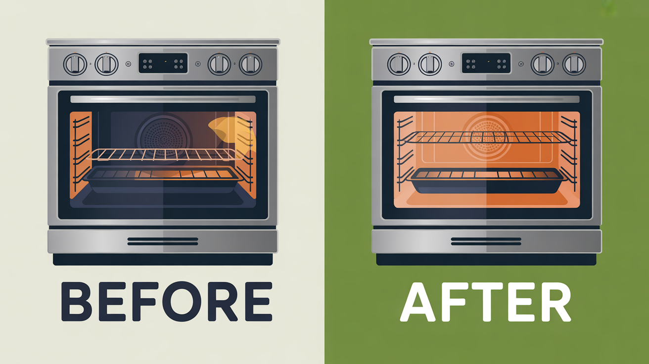 Side-by-side comparison of an oven before and after a deep clean — brown stains and carbon on the left, gleaming clean on the right.