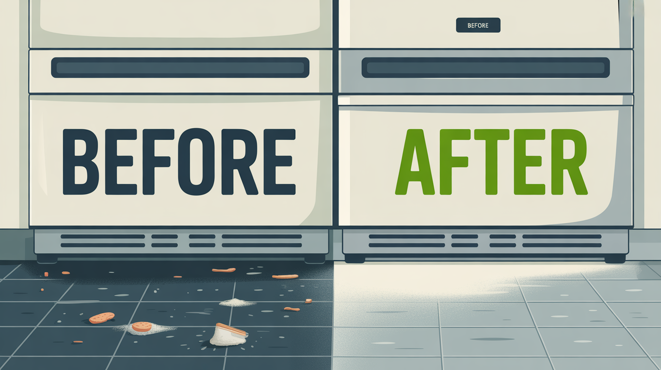 Side-by-side comparison of the space behind a fridge before and after a deep clean — dusty coils and floor debris on the left, gleaming on the right.