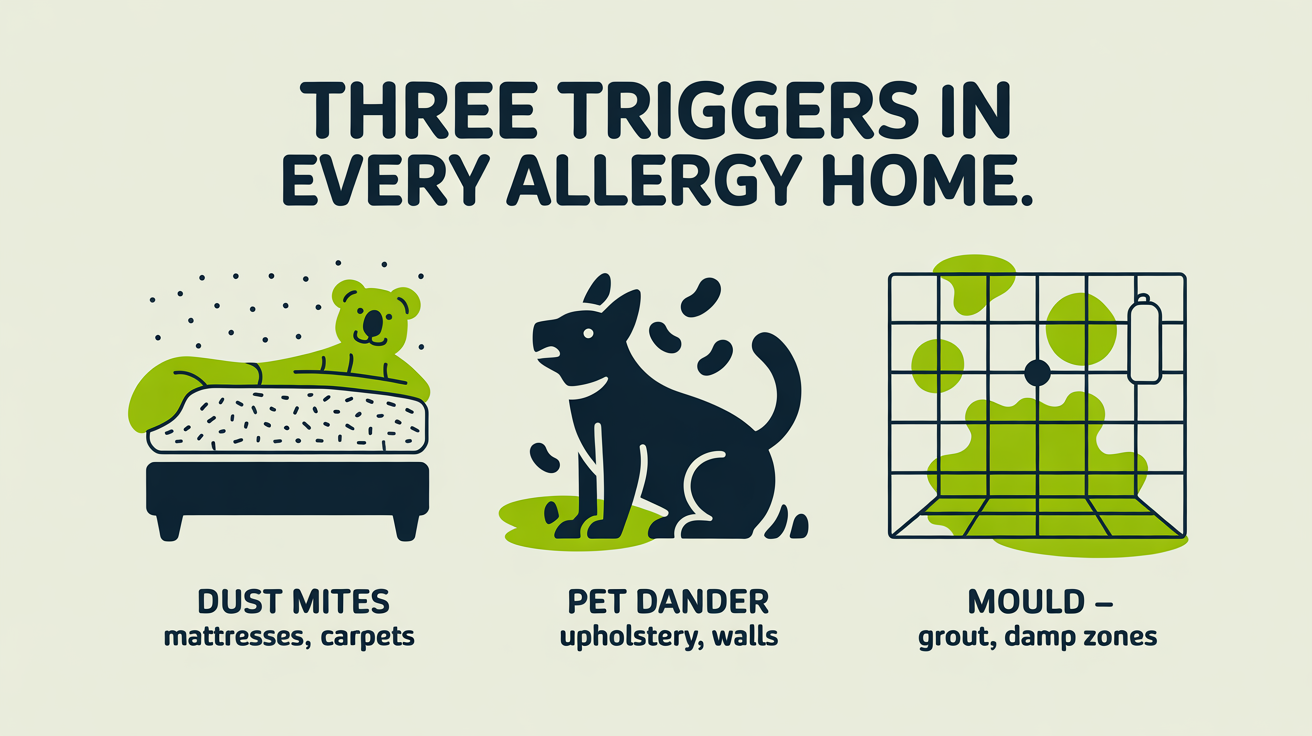 Three illustrated panels showing the three main indoor allergy triggers: dust mites in mattresses and carpets, pet dander in upholstery and walls, and mould in bathroom grout and damp zones.