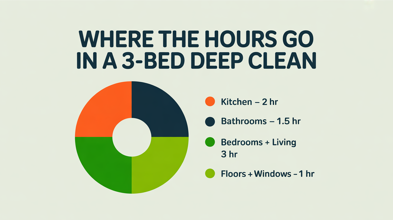 Donut chart showing the hour breakdown of a 3-bedroom deep clean: kitchen 2 hours, bathrooms 1.5 hours, bedrooms and living 3 hours, floors and windows 1 hour.