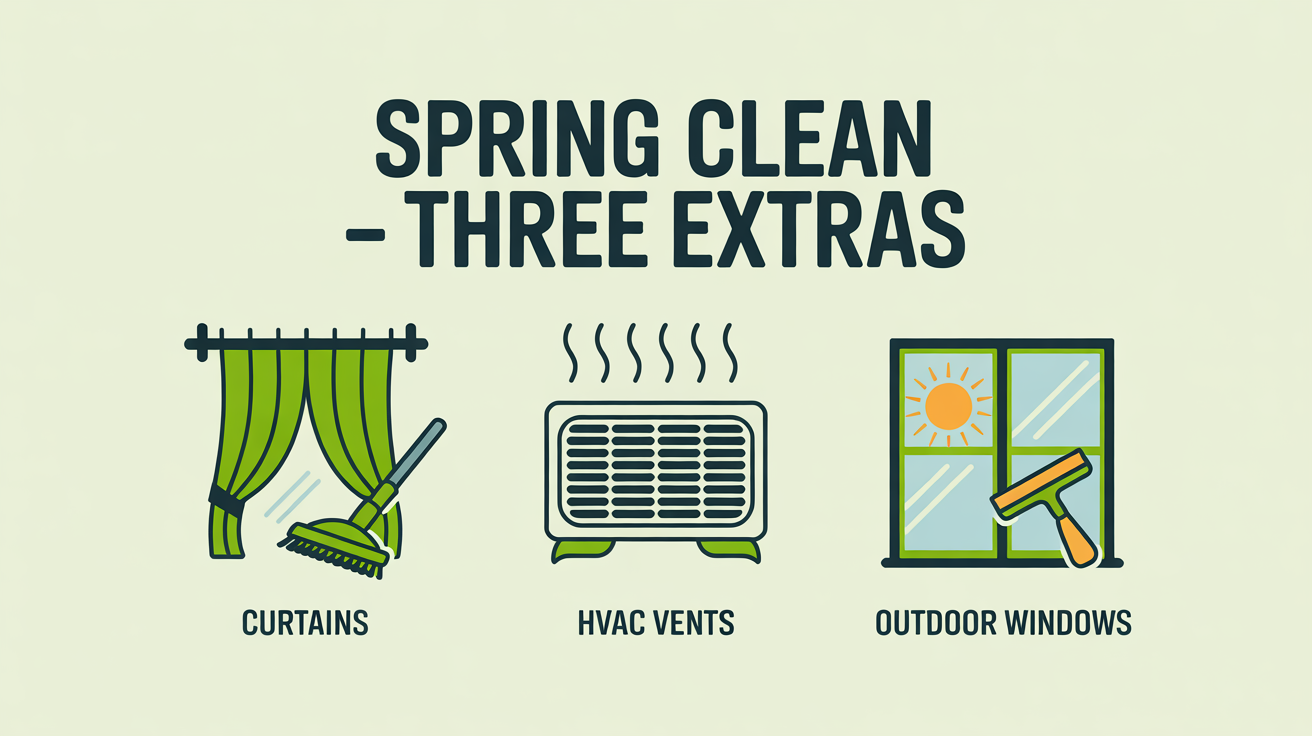 Three icons showing the three things spring cleaning adds vs a standard deep clean: curtains, HVAC vents, outdoor windows.