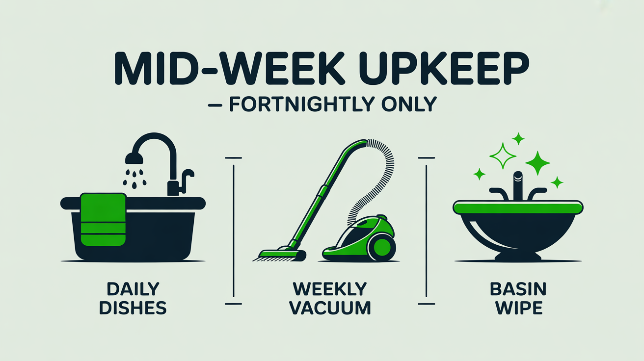 Three icons showing the three habits that hold fortnightly cleaning between visits: daily dishes, weekly vacuum, basin wipe.