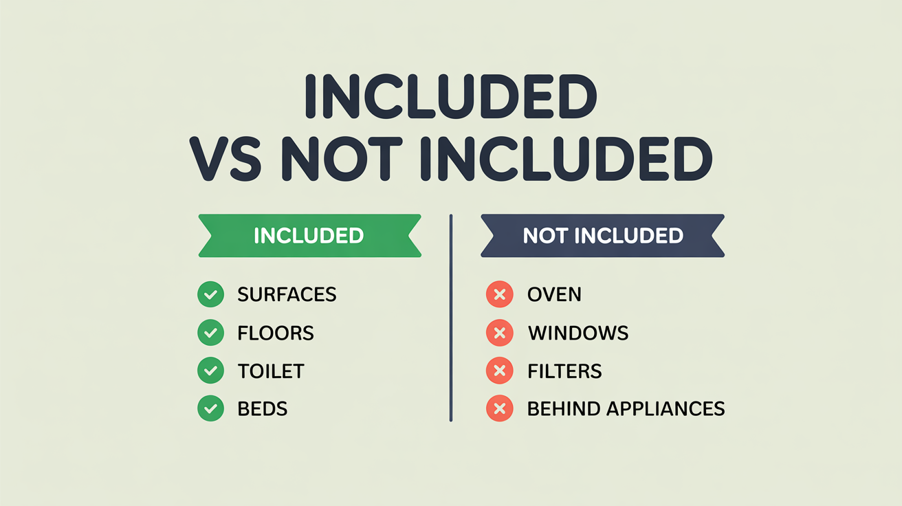 Two columns showing what's included in a recurring clean (surfaces, floors, toilet, beds) and what's not (oven, filters, windows, behind appliances).