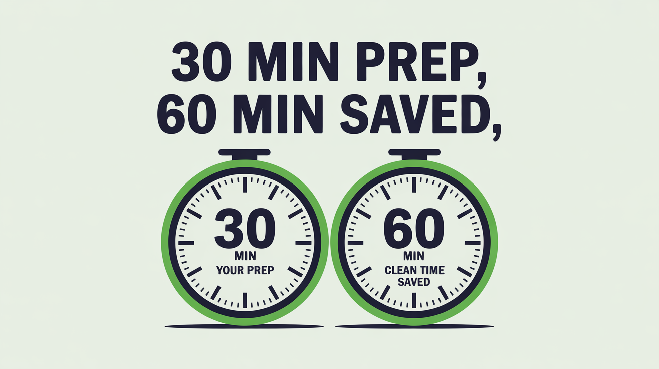 Two clock faces showing 30 minutes of preparation by you converts to 60 minutes of cleaning time saved.