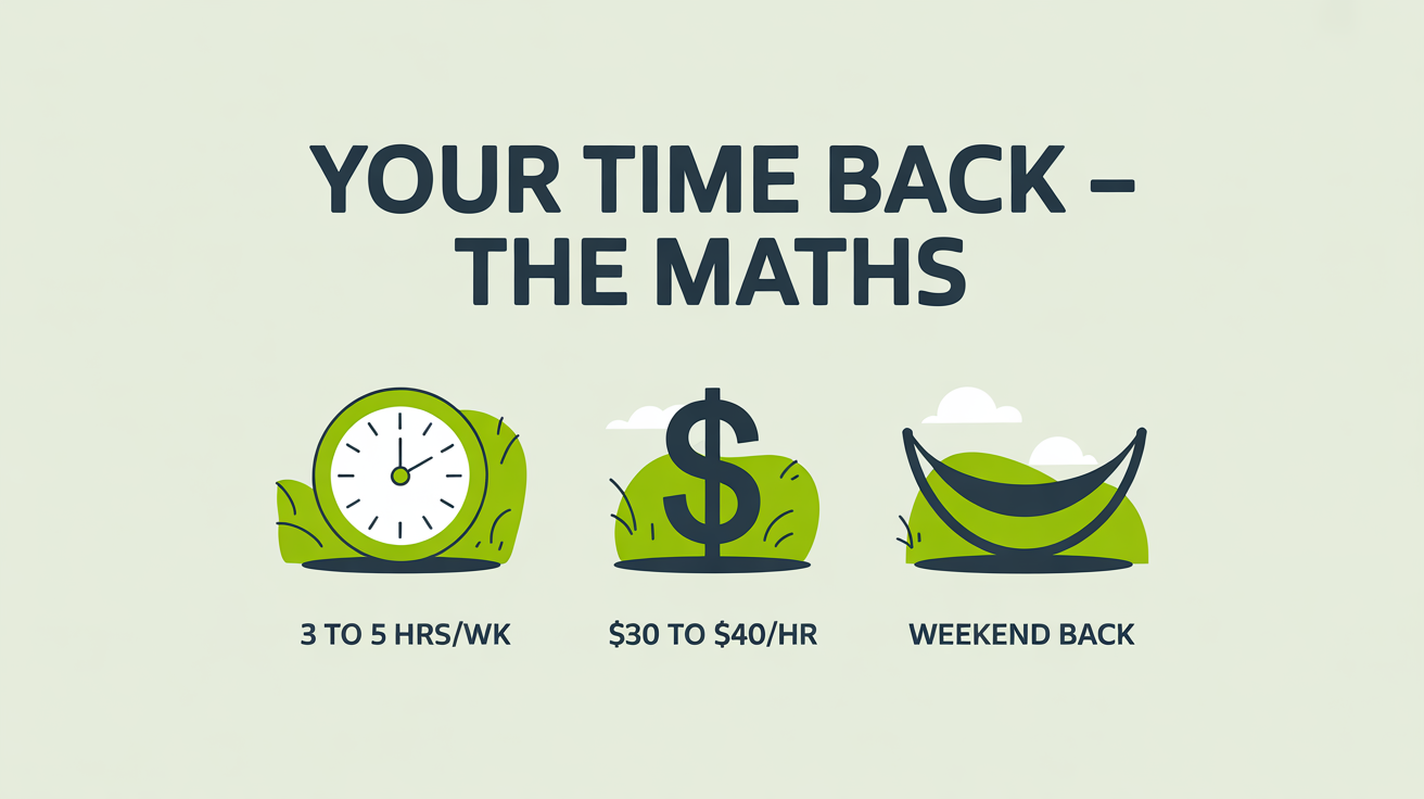 Three icons showing the time-back maths of hiring a regular cleaner: 3-5 hours saved per week, effective rate of $30-$40 per hour, weekends back.