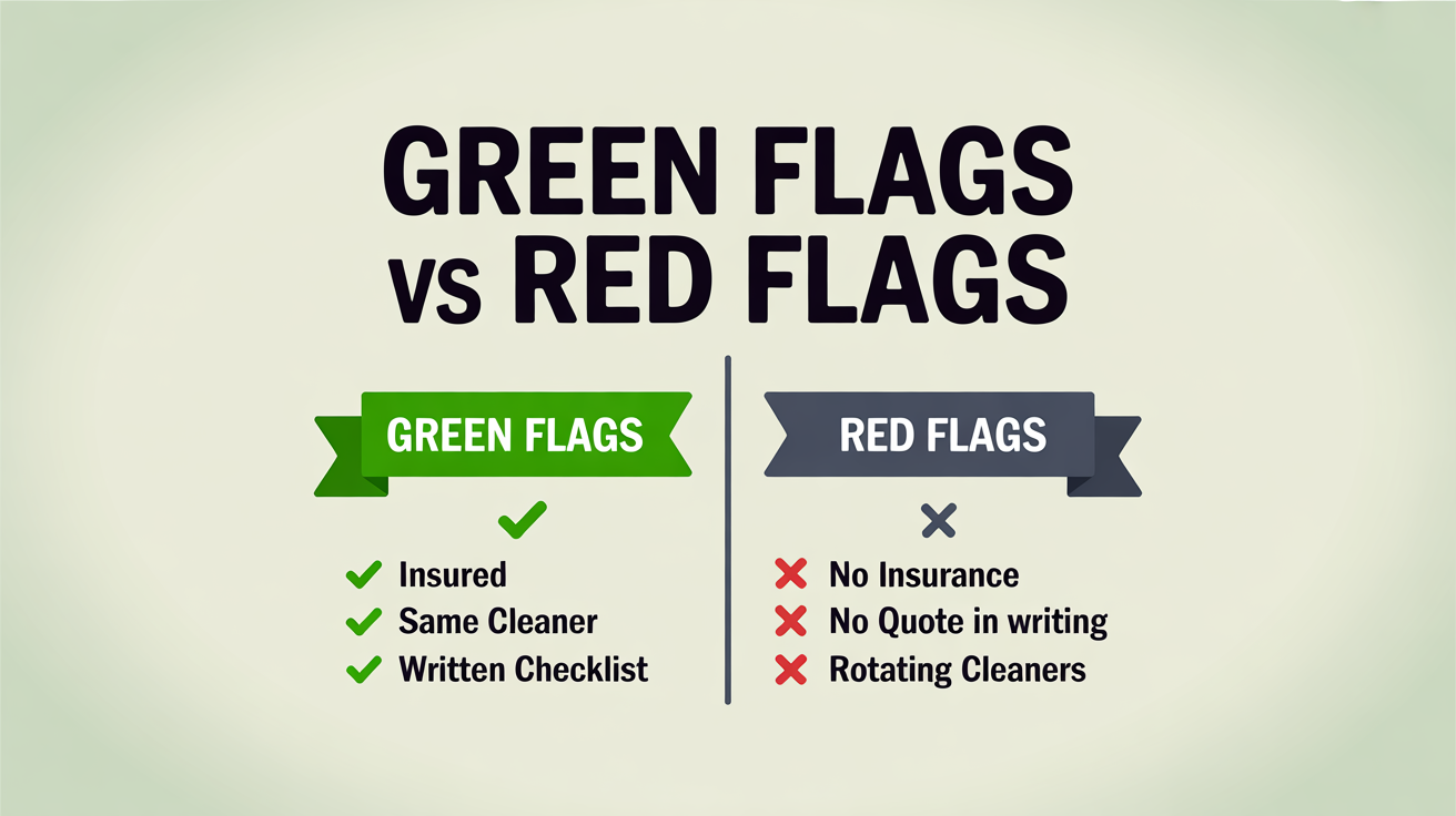 Two columns showing the green flags (insured, same cleaner, written checklist) and red flags (no insurance, no written quote, rotating cleaners) when choosing a cleaner.