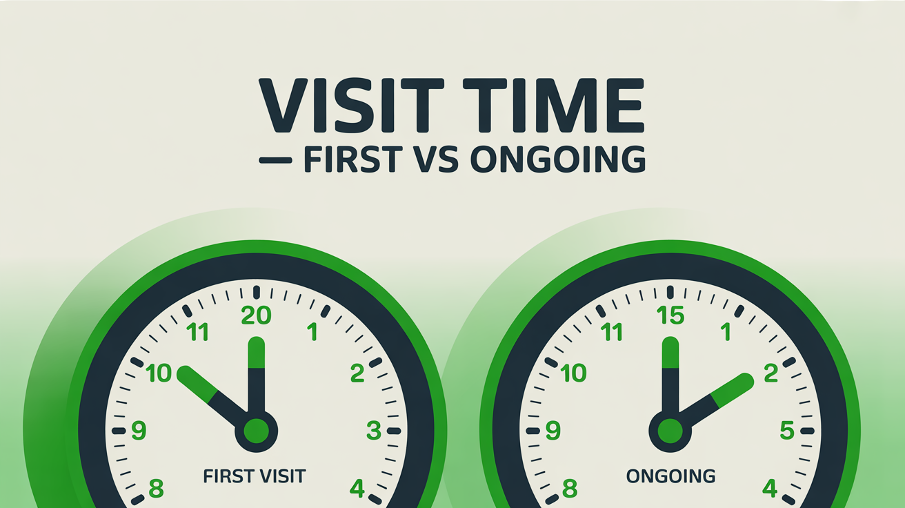Two clock faces showing the time on site for a first recurring clean (2.5 hours) vs ongoing visits (1.75 hours).