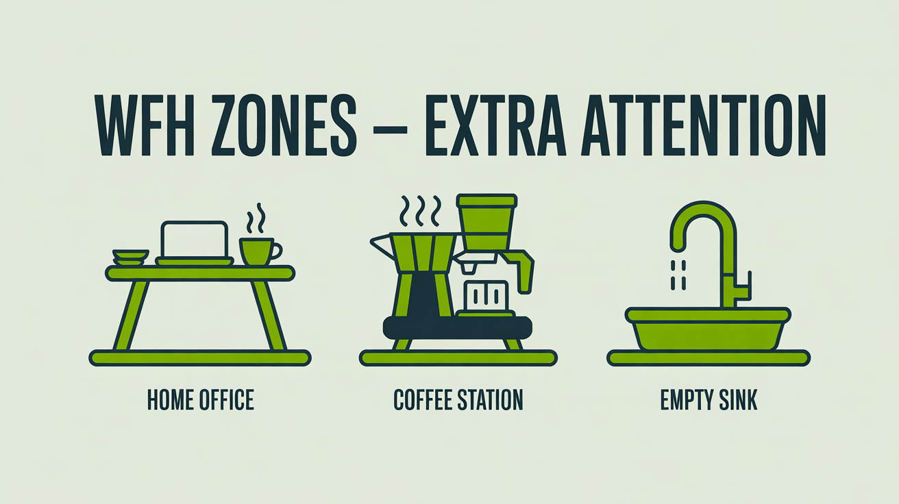 Three icons showing the three zones in a WFH home that get extra attention from the cleaner: home office, coffee station, and the kitchen sink.