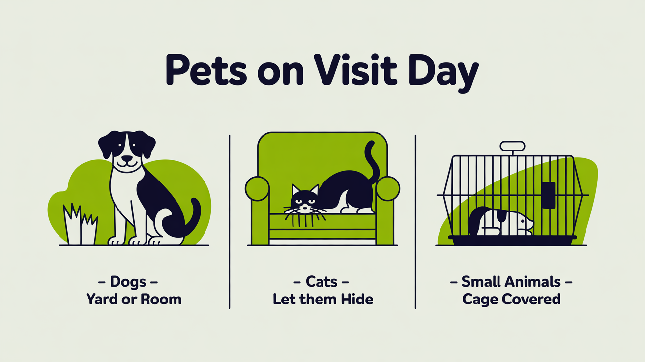 Three illustrated panels showing how to manage different pets on cleaning visit day: dogs in yard or room, cats hide, small animals cage covered.
