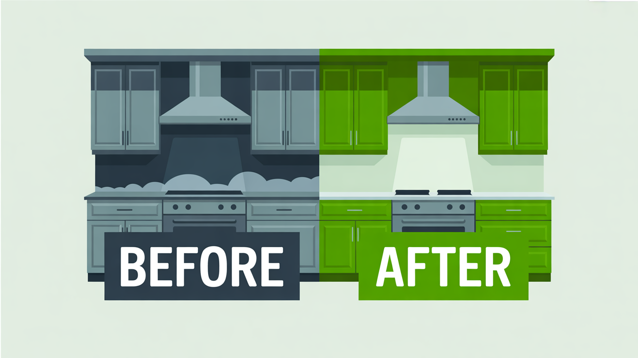 Cross-section of a kitchen with five numbered dots showing the order to deep clean: top of cupboards first, then range hood filters, inside the oven, benches and splashback, then floor and kickboards.
