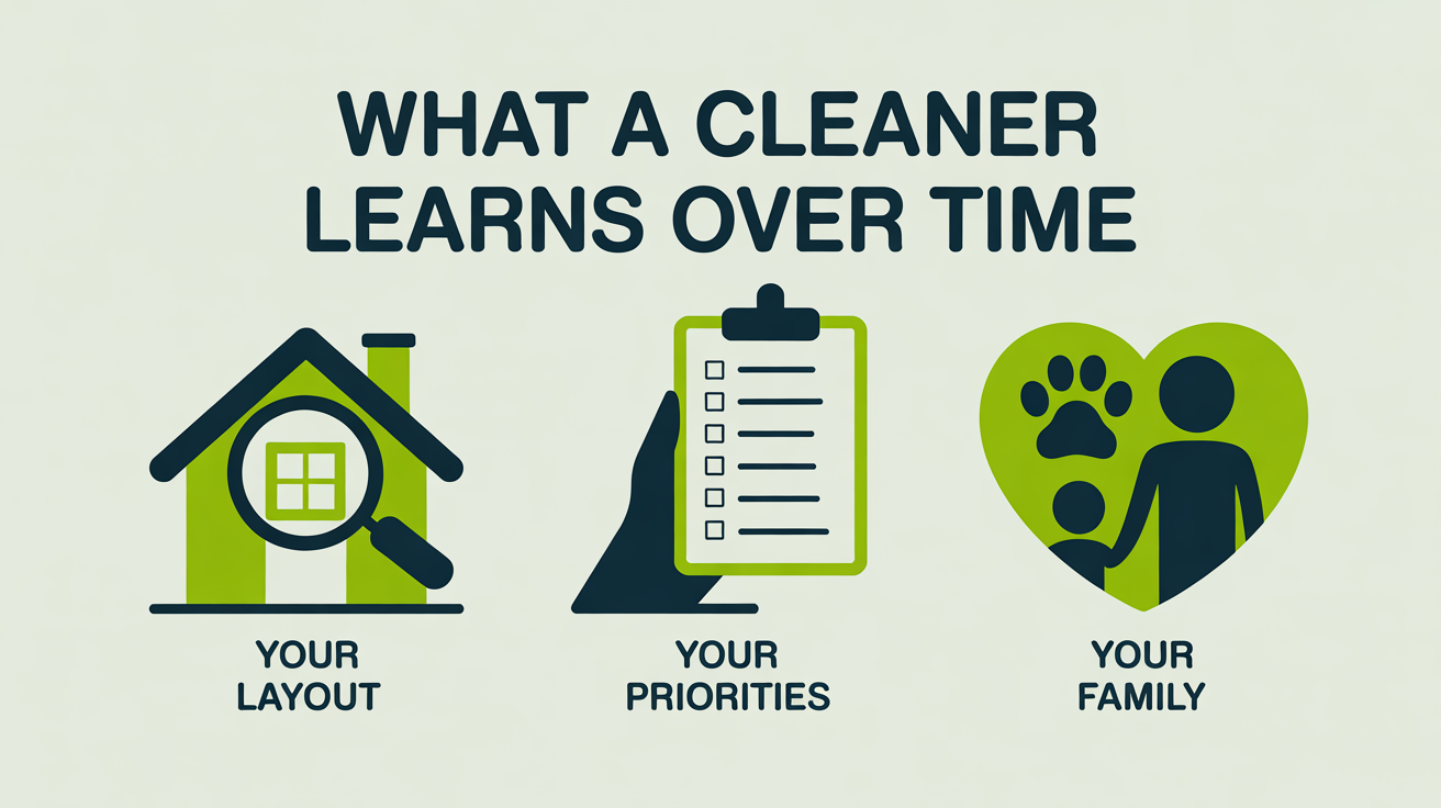 Three icons showing what a cleaner accumulates over time when they're the same person every visit: the layout, your priorities, your family.