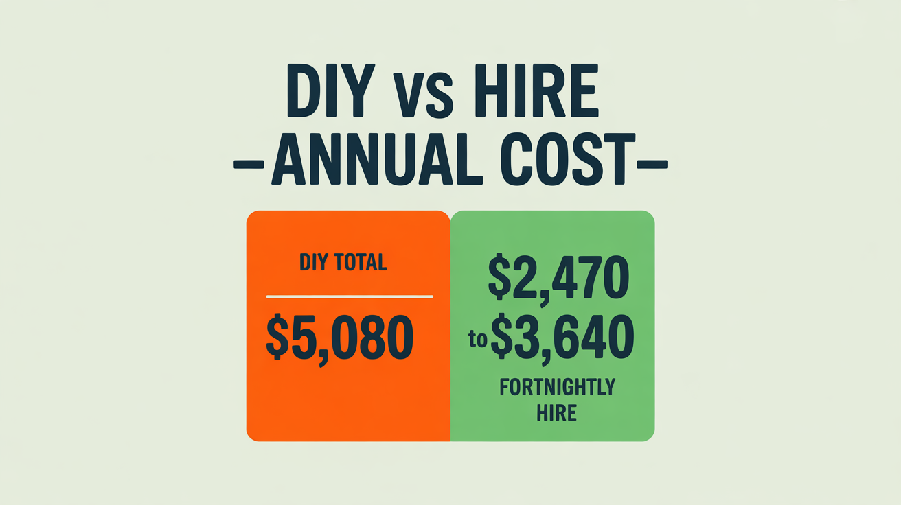 Two cost cards comparing DIY cleaning annual cost ($5,080 including time and supplies) with hiring a fortnightly cleaner ($2,470-$3,640).
