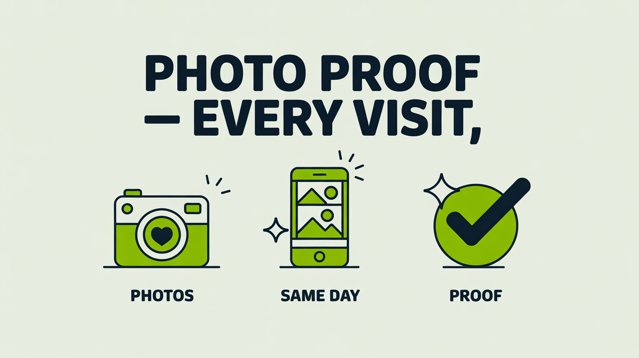 Three icons showing the photo-proof process when you are not home for a cleaning visit: photos taken, sent same day, proof of work.