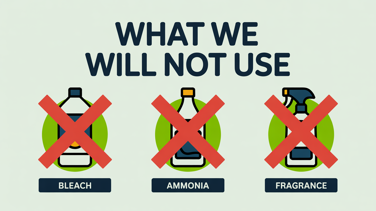 Three icons showing the three product categories not used in eco-friendly cleaning: bleach, ammonia, and heavily fragranced air-fresheners.