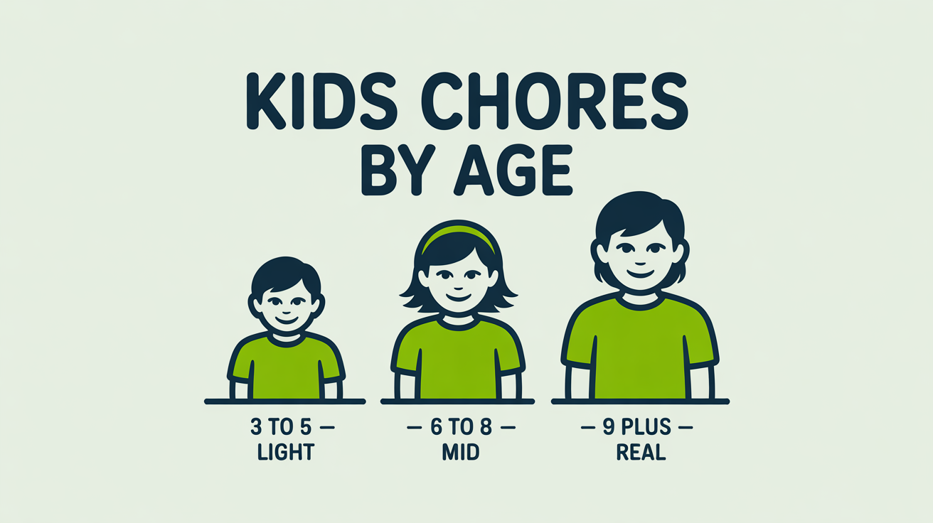 Three child figures of increasing size representing three age brackets and their chore levels: 3-5 years light, 6-8 years mid, 9-plus real.