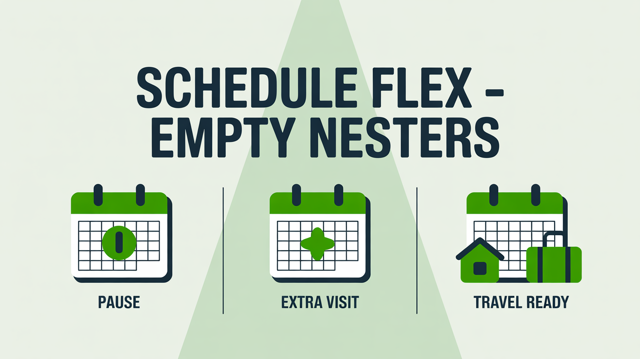 Three calendar icons showing the schedule flexibility for empty-nester customers: pause for travel, add extra pre-family-arrival visits, travel-ready schedule.