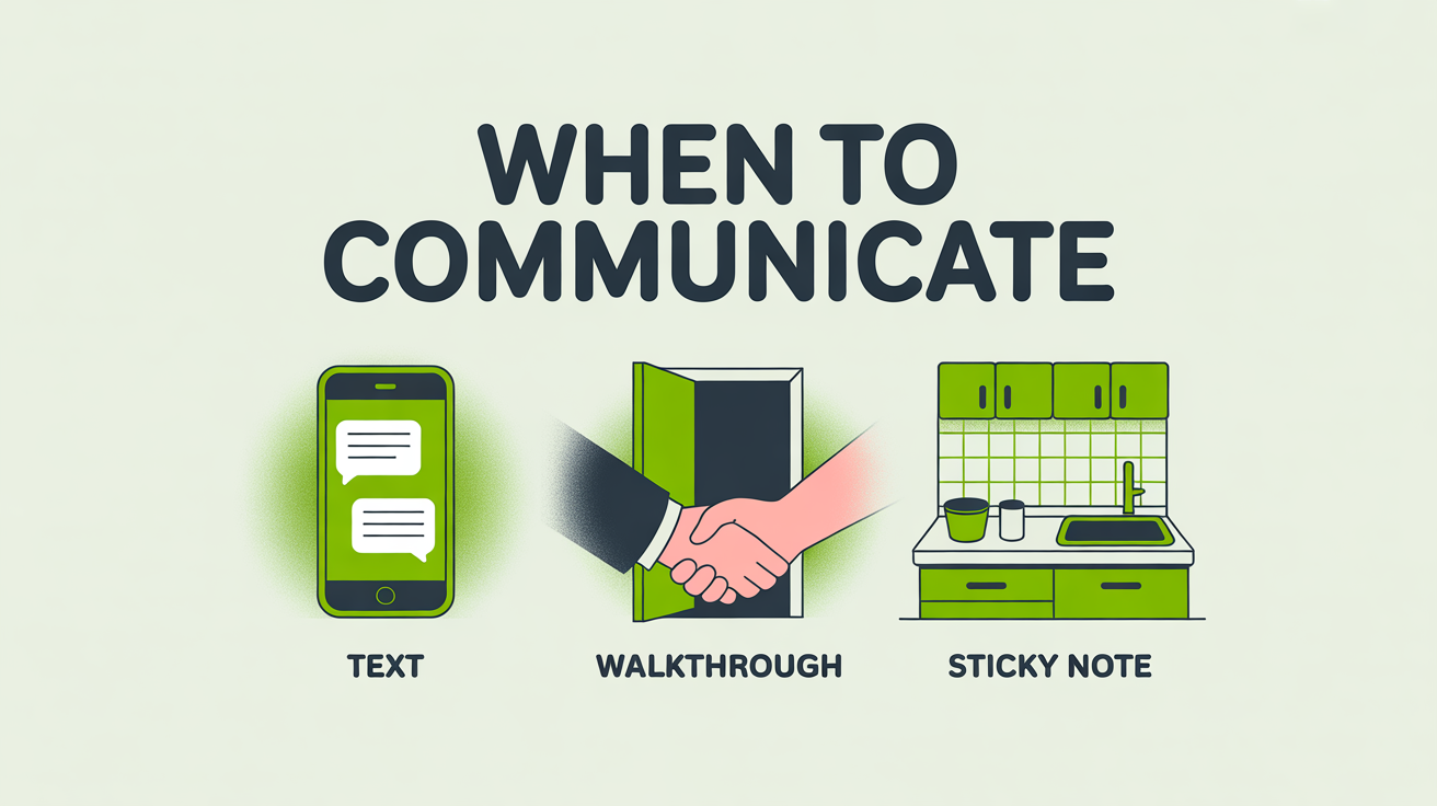 Three icons showing three ways to communicate priorities to your cleaner: text the day before, walkthrough at start, or sticky note.