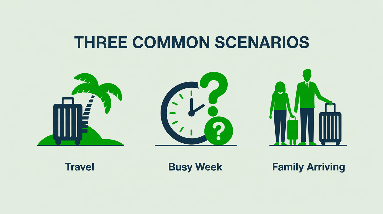 Three icons showing the three most common reasons for cleaning schedule changes: travel, busy week, family arriving.