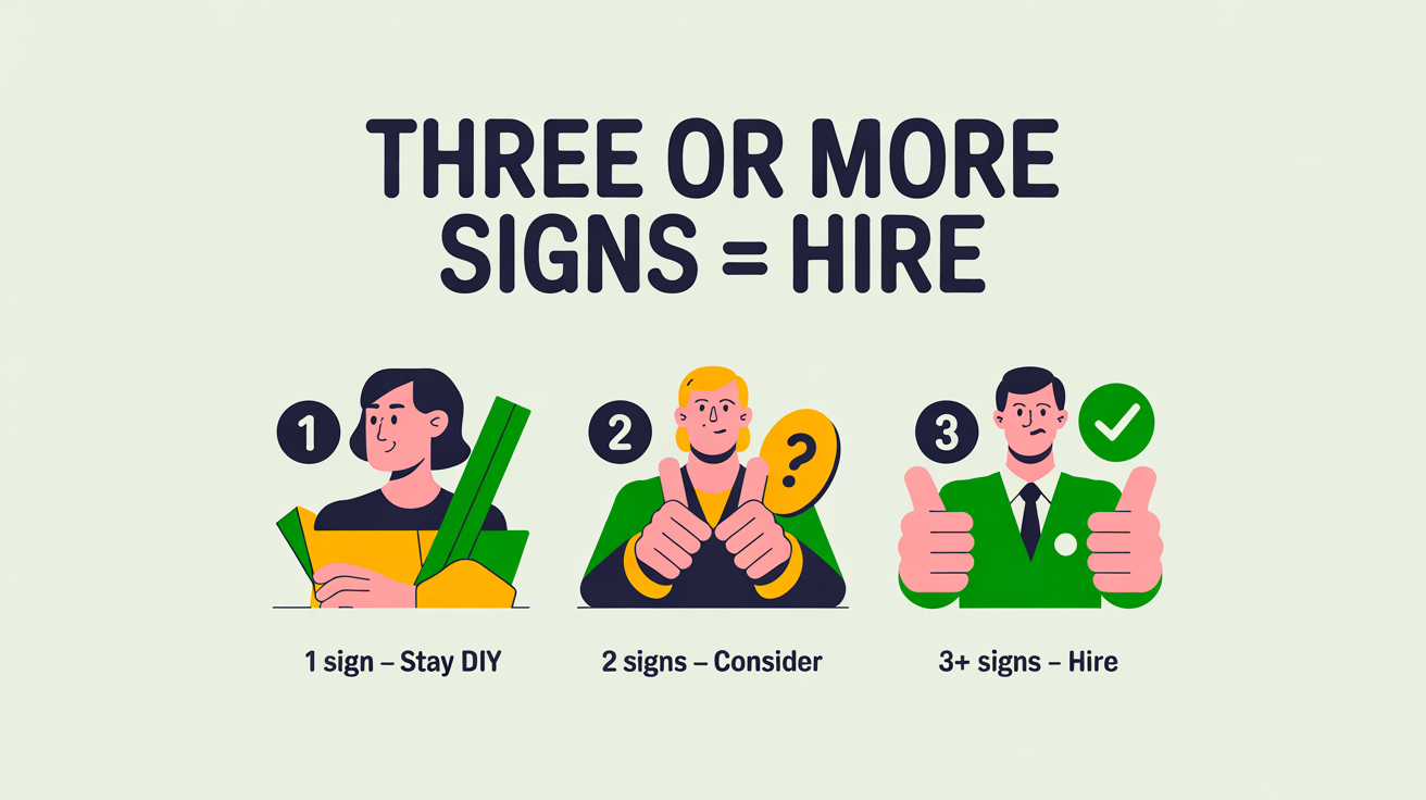 Three numbered icons showing the threshold framework for hiring a regular cleaner: 1 sign stay DIY, 2 signs consider, 3 or more signs hire.