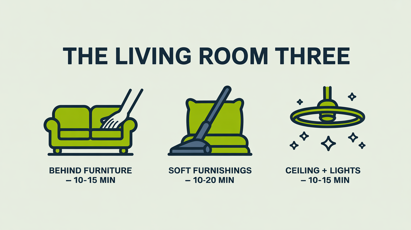 Three icons showing the three zones a deep clean covers in a living room that a weekly clean skips: behind furniture, soft furnishings, ceiling and lights.