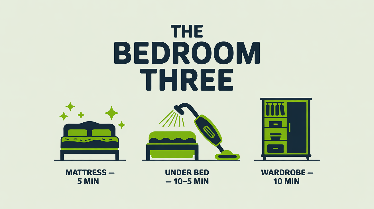 Three icons showing the three zones a deep clean covers in a bedroom that weekly cleans skip: mattress (5 min), under bed (10-15 min), wardrobe (10 min).