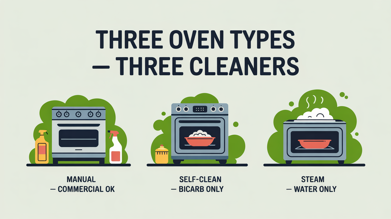 Three icons showing the three types of oven and the cleaner each one needs: manual oven uses commercial cleaner, self-cleaning oven uses bicarbonate paste, steam-cleaning oven uses water only.